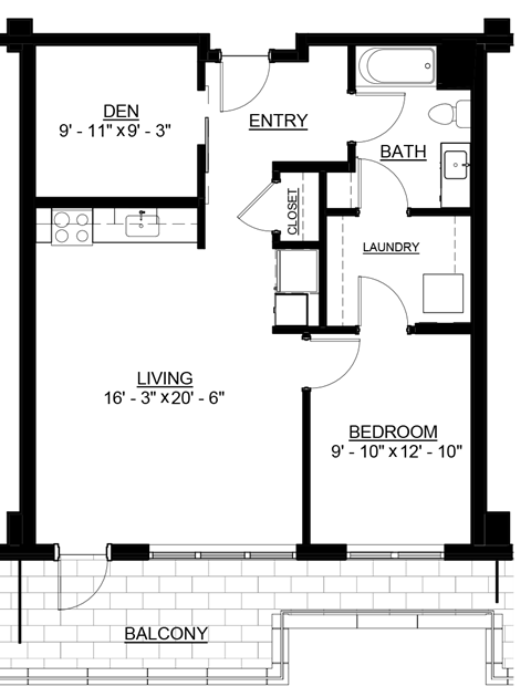 Floor plan for 1 bed, 1 bath, 796 sqft